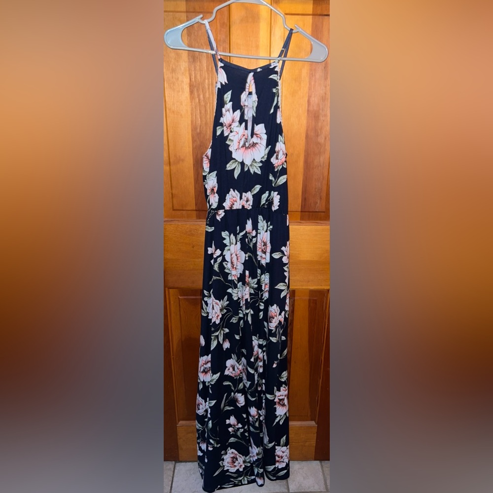 XXL Navy blue floor length dress with flowers